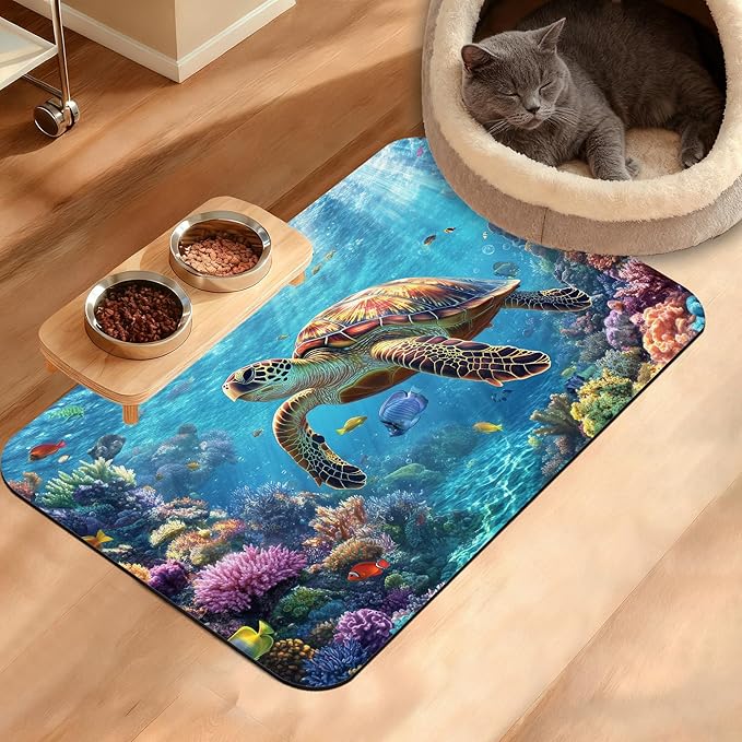 Sea Turtle Dog Cat Food Mat,Colorful Coral Absorbent Waterproof Placemat for Food and Water Non Slip Rubber Backing Durable Feeding Pad for Clean Floors 16" x 24"