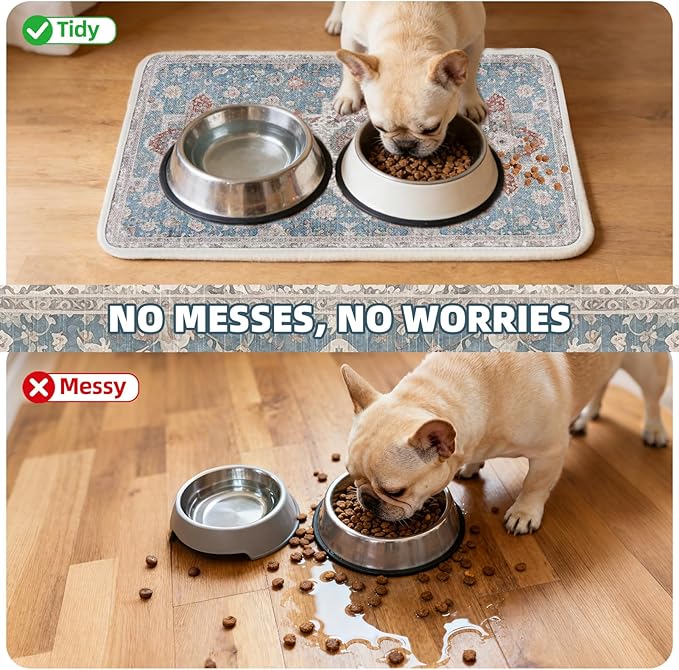 PUPTECK Dog Food Mat, Absorbent Pet Feeding Bowl Mat, Non-Slip Dog Mat for Food and Water, Quick Dry No Stains Cat Placemats Pet Supplies for Messy Drinkers, Blue 12"x20"