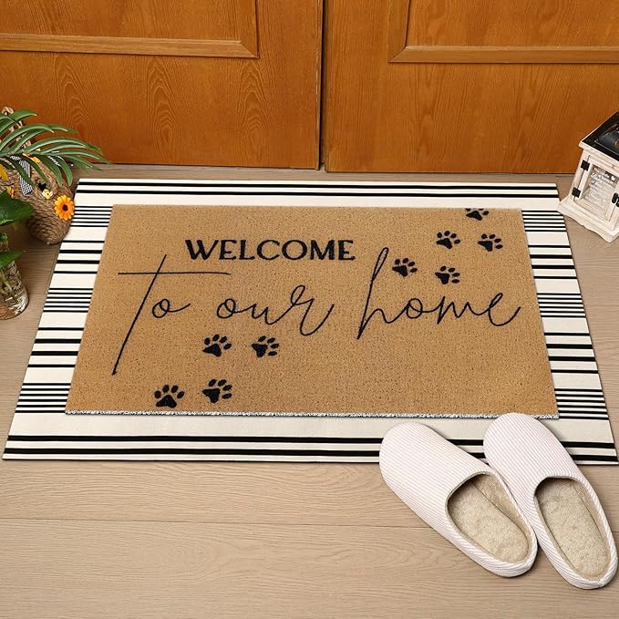 Tinideya 2 Pcs Pet Theme Door Mat Paw Welcome Non Slip Coir Mats Dog Cat Floor Layering Doormats Seasonal for Front Porch Entryway Decor(PET)