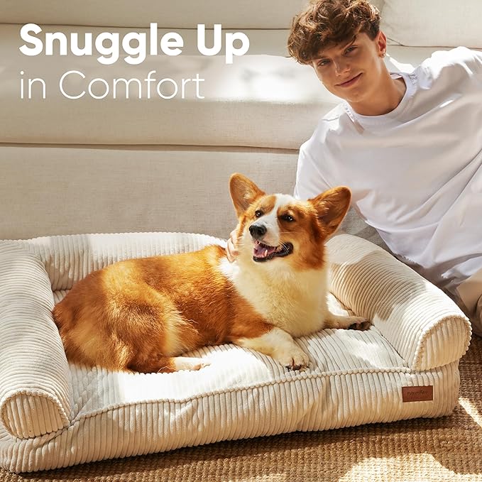 FUKUMARU Cute Dog Bed, Thickened Orthopedic Dogs Couch, 36in Egg Crate Foam Pet Sofa for Medium to Large Dogs, Waterproof Warm Corduroy Pet Bed with Washable Cover, Cream