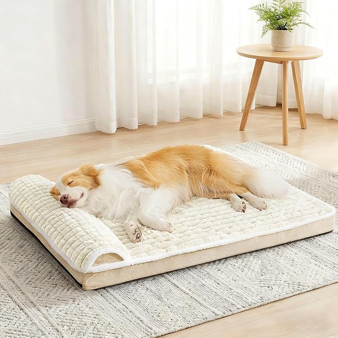 Orthopedic Dog Bed Large Sized Dog with Pillow 36''X24'', Waterproof Soft Comfortable Egg Crate Foam Pet Crate Beds Mat with Removable Washable Cover and Non-Slip Bottom, Cream