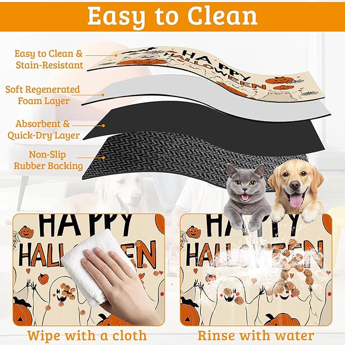 Pumpking Bat Dog Cat Food Mat,Halloween Absorbent Waterproof Placemat for Food and Water Non Slip Rubber Backing Durable Feeding Pad for Clean Floors 16" x 24"