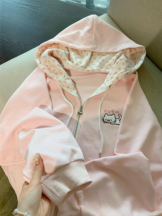 Womens Y2K Zip Up Cute Graphic Hoodies Cat Ears Casual Cartoon Harajuku Kawaii Clothes Oversize Streetwear Jacket