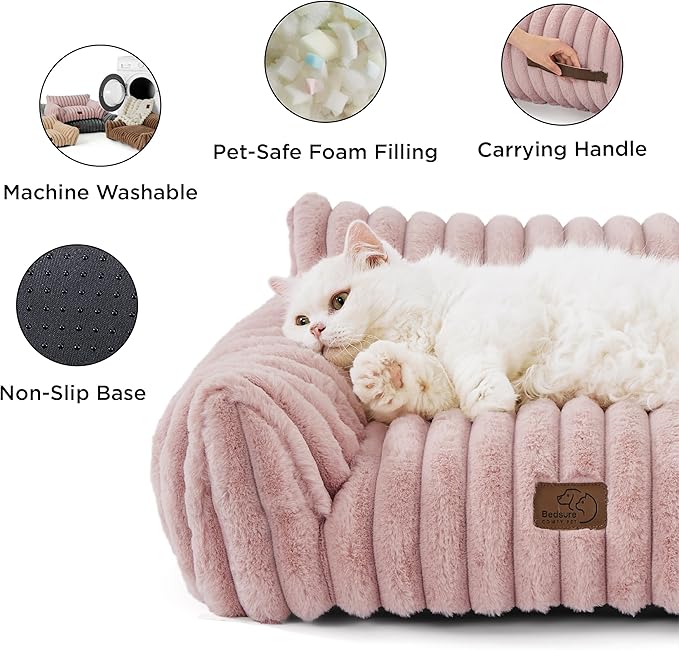 Bedsure ComfyFleece™ Cute Cat Couch for Pets - As Seen on TV on Good Day New York, Fuzzy Cats beds for Indoor Cats with Removable Washable Cover, Supportive Pet Sofa, 24inch, Blush Pink
