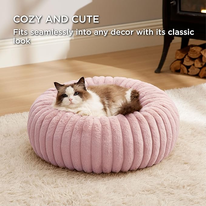 Bedsure ComfyFleece™ Cat beds for Indoor Cats - Donut Dog Beds for Small Dogs with Corduroy Fleece & Anti Slip Bottom, Faux Fur Pet Beds with Washable Removable Cover, Blush Pink, 20x20x6 inches