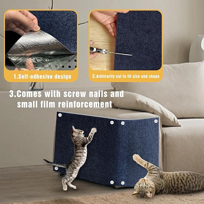 Cat Scratch Mat, 3PCS 39.4"x11.9" DIY Trimmable Self-Adhesive Cat Scratching Mat, Couch Protector from Cats Claw, Indoor Furniture Protector for Cats Scratching (Dark Blue)