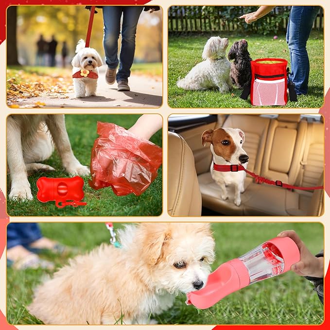Abbylike 50 Pcs Puppy Supplies Starter Kit for Small Dogs Puppy Essentials Includes Leash, Bowls, Teeth Brushes, Water Bottle, and More Accessories for Dogs Pet Day Welcome Gift(Red)