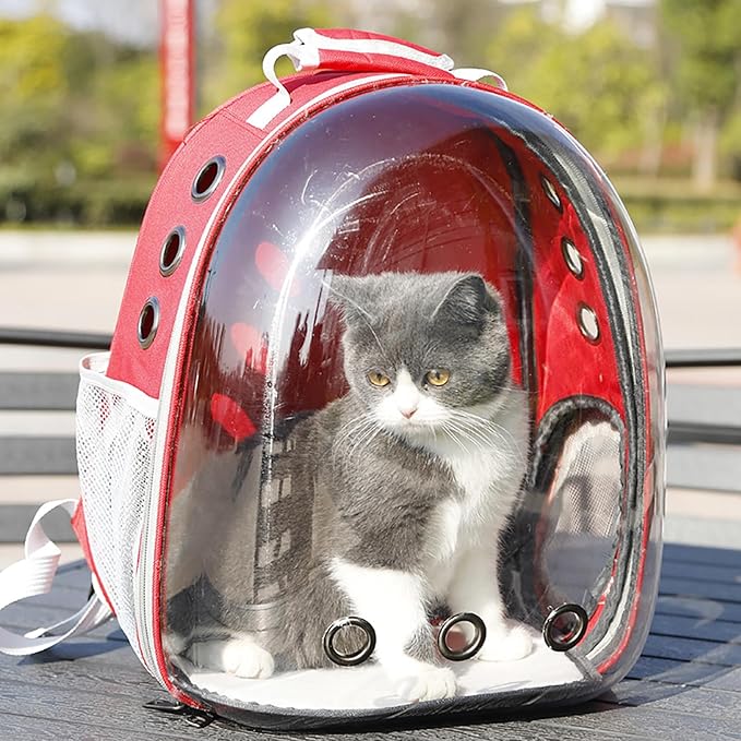 Cat Backpack Carrier, Back Expandable Pet Backpack with Bubble Window, Airline Approved Pet Travel Bag for Small/Medium Cats & Puppies, Hiking, Camping, Outdoor Use (Red)