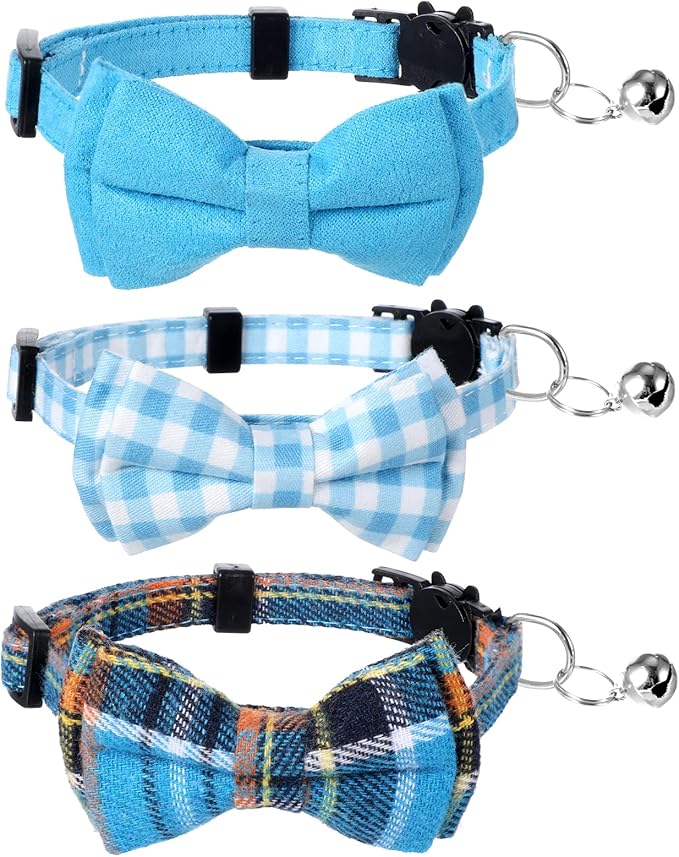 3pcs Bow Tie Cat Collar with Bells, Breakaway Bowtie Plaid Cat Collar, Soft Adjustable Bow Cats Collars for Kitten Puppy and Small Pets