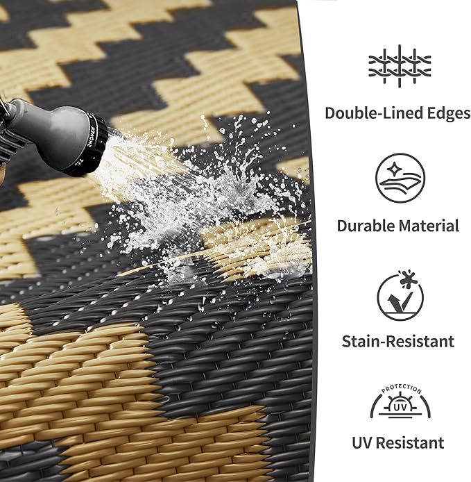 GENIMO Outdoor Rug for Patio Clearance,9'x12' Waterproof Large Mat,Reversible Plastic Camping Rugs,Rv,Porch,Deck,Camper,Balcony,Backyard (Black & Brown)