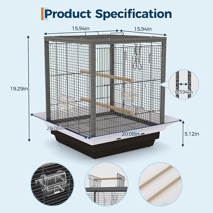 Bird Flight Cage 16 x 16 x 20 Inch, Wrought Iron Parrot Cage with Top Carry Handle, Food Cup, Removable Tray and Perches, Bird Carrier for Parakeet, Cockatiels, Budgies and Small Medium Birds