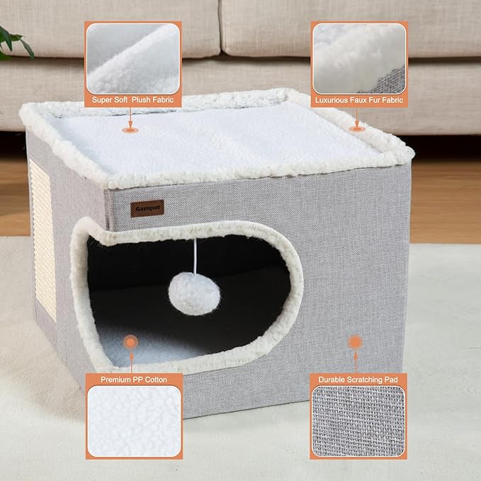Cat Bed for Indoor Cats Cube House, Covered Cat Cave Beds & Furniture with Scratch Pad and Hideaway Tent, Cute Modern Cat Condo for Multi Small Pet Large Kitten Kitty, Green