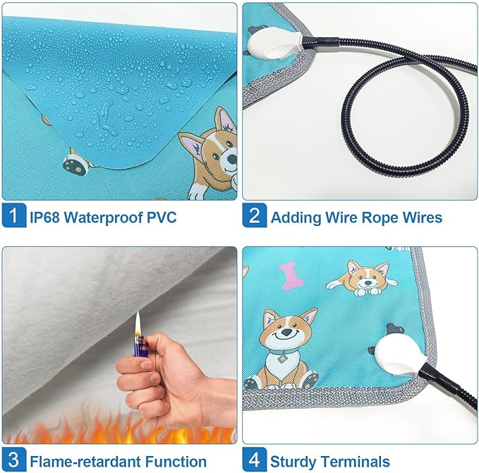 Large Dog Heating Pad 34x21in with Smart Thermostat Switch and Power Line Protection Tube,Obtained MET and UL Dual Certification,Waterproof Pet Pad, Suitable for Dogs of All Ages-Blue