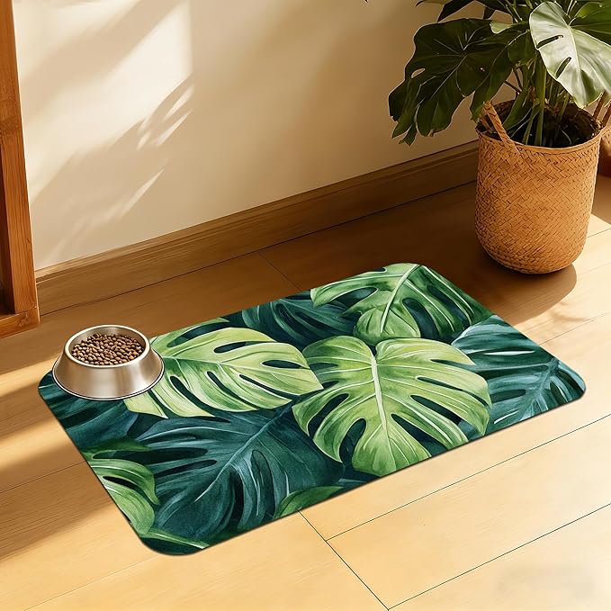 Tropical Palm Leaves Pet Feeding Mat, Absorbent Quick-Dry Dog Cat Bowl Mat, Non-Slip Bottom, Indoor Use – 12x20 Inch
