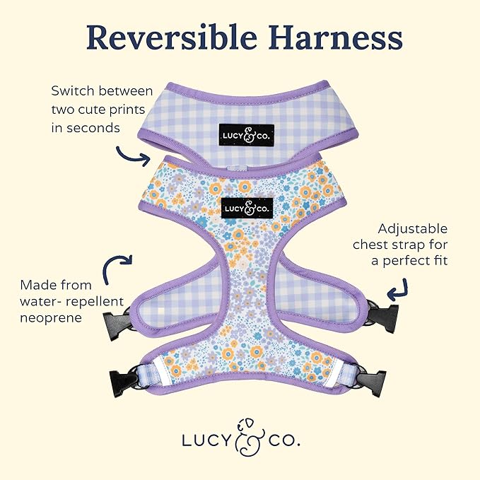 Lucy & Co. Cute Reversible Dog Harness Walking Halter - Best Designer Pet Harnesses for XS - XL Dogs - Padded Adjustable Vest for Easy Walking (X-Large, Among The Wildflowers - Purple Floral)