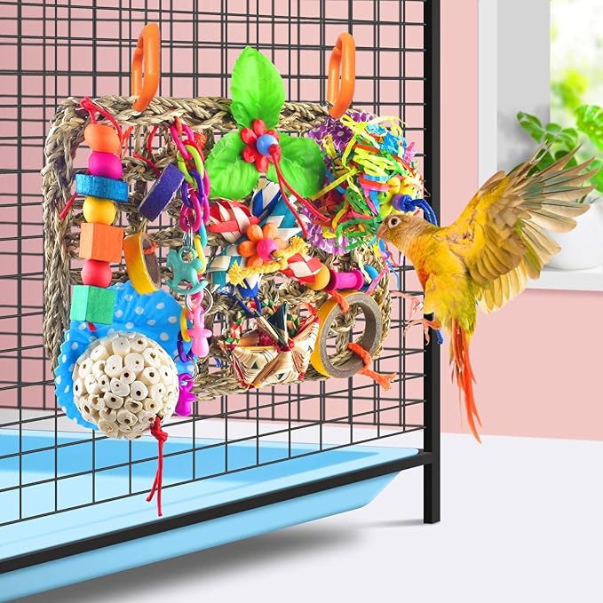 KATUMO Parrot Toys, Large-Sized Bird Shredder Wall Mat Parakeet Foraging Hanging Toys Conure Climb Toy Cockatiel Sola Ball Toys for Small-Medium Birds