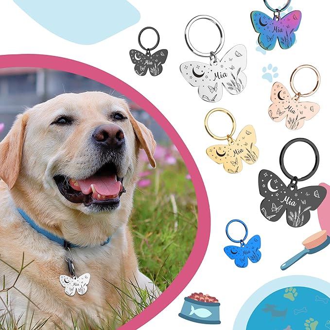 Dog Tags Personalized for Pets - Custom Dog Name Tag for Dog Collar, Colorful Butterfly Pet ID Tag, Stainless Steel Pet ID Tags for Small Large Dogs Cats, Pets Accessories for Cat Engraved Both Sides