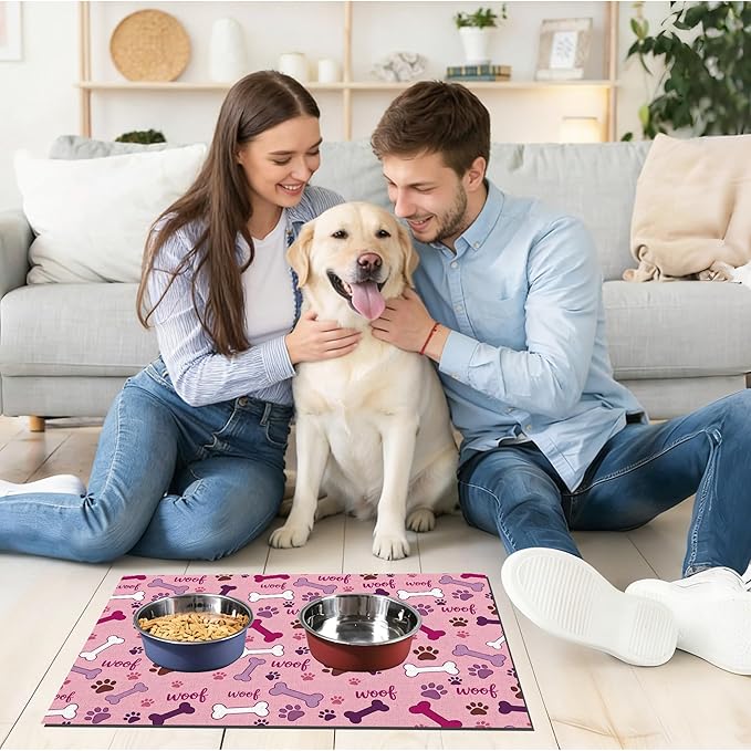 Dog Feeding Mat 24 x 16 Inch, Pink Paw Bone Woof Dog Placemat Absorbent Quick-Dry for Food and Water, Waterproof Non Slip Rubber Pet Bowl Pad Mat for Floors