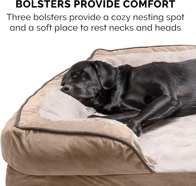 Furhaven Memory Foam Dog Bed for Large Dogs w/ Removable Bolsters & Washable Cover, For Dogs Up to 125 lbs - Plush & Velvet Waves Perfect Comfort Sofa - Brownstone, Jumbo Plus/XXL
