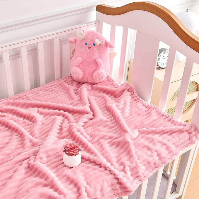 Soft Fleece Baby Blanket Ultra Cozy Pink Baby Blankets for Girls Warm and Lightweight Infant Toddler Newborn Receiving Gift with Reversible Stripes for Crib Stroller, 30x40 Inch, Dark Pink
