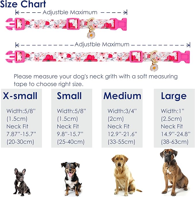 Cotton Dogs Collar Light Pink Flower Patterns for Boys and Girls Cute Dog Collars Summer Fall Gift Adjustable for Medium to X-Large Breed Dogs (L)