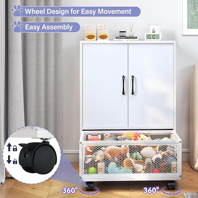 TC-HOMENY Pet Wardrobe Closet with Drawer, Wooden Pet Storage Cabinet with Wheels and Hanging Rods, Dog Closet with Clothes Hanger, Pet Toys Basket, Dog Organization and Storage, Small Wardrobe Closet