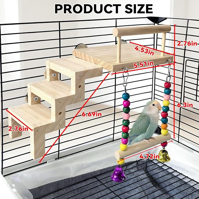 kathson Bird Perches Cage Toys with Bird Climbing Ladder Swing,Wooden Parrot Perches Platform,Parakeet Play Gyms Exercise Stands Cage Accessories for Green Cheeks,Lovebird,Budgie,Cockatiels
