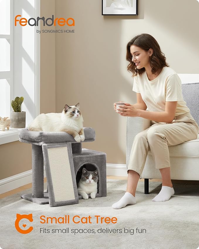 Feandrea Small Cat Tree, Cat Tower Condo, Scratching Ramp, Large Top Perch, Cave, 20.1 x 15.4 x 18.3 Inches, Dove Gray UPCT010GD02S