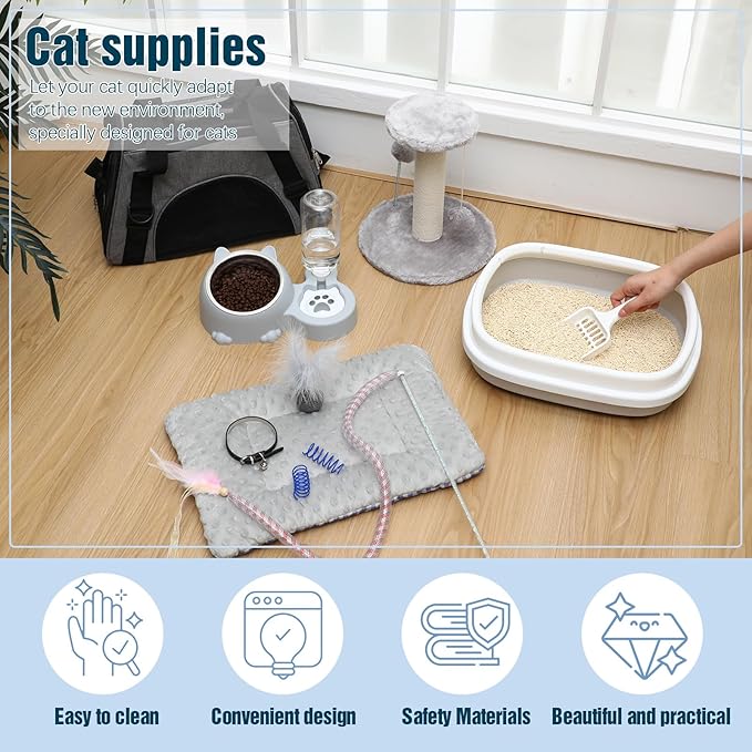 Eccliy Kitten Starter Kit, 10 Pcs Cat Starter Kit for Indoor Cats Kitten Essentials Includes Litter Box, Pet Toy, Folding Carrier, Climbing Frame, Mat, Collar, Automatic Food Bow(Cute,Gray)
