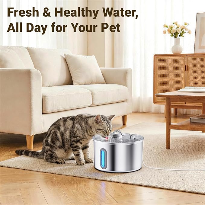 Cat Water Fountain Stainless Steel, 3.2L Cat Fountains for Drinking with Smart Quiet Pump and Water Level Window, Easy-to-Clean Automatic Pet Water Dispenser for Indoor Use (12 Filters Only)