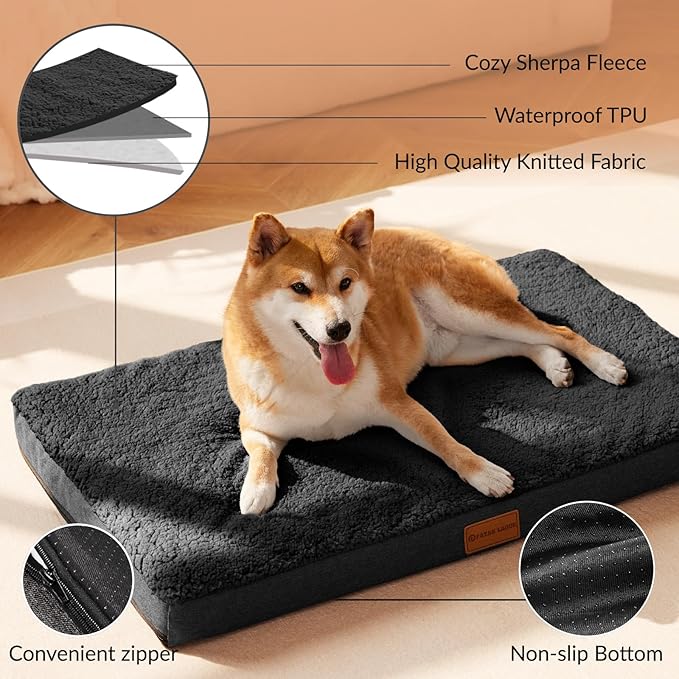 Patas Lague Orthopedic XL Dog Bed Large Sized Dog 48''X30'', Soft Waterproof Egg Crate Foam Large Pet Crate Beds Mat with Removable Washable Cover and Non-Slip Bottom, Black