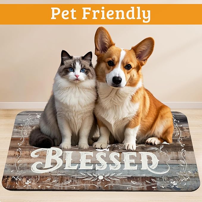 Thankful Feeding Mat,Blessed Absorbent Quick-Dry Cat Dog Food and Water Bowl Mats,Non-Slip Rubber Backing Mat,Cat Dog Accessories Supplies 16" x 24"