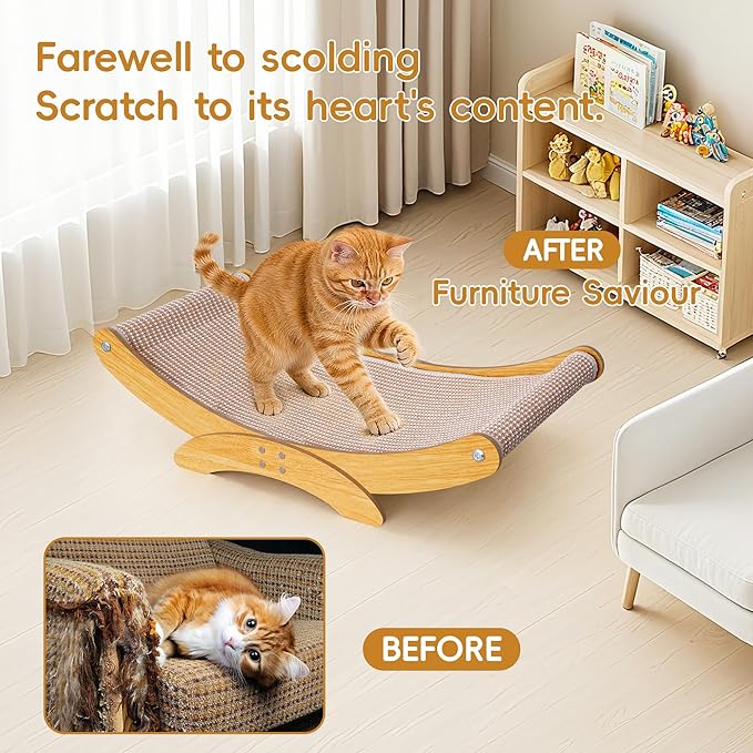 Cat Scratcher Bed for Indoor Cats - 23.6" Large Natural Sisal Cat Scratching Board, Wood Frame Scratch Pad, Modern Cats Lounger/Hammock, Easy Assembly Furniture