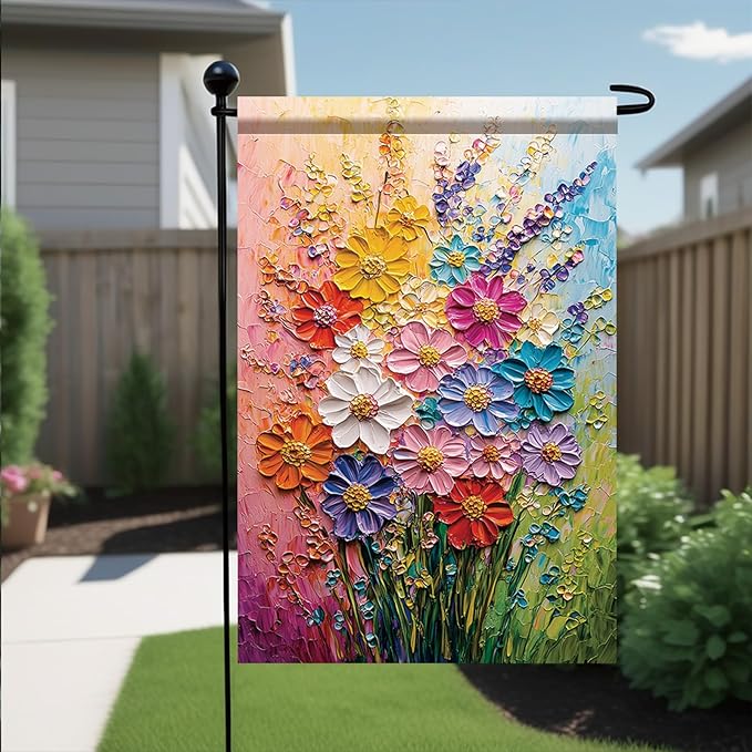 12x18 Inch Spring Garden Flag Colorful Flower Oil Painting Style Yard Banner Artistic Textured Floral Design Double Sided Outdoor Decoration for Lawn Patio Home Seasonal Garden Flag