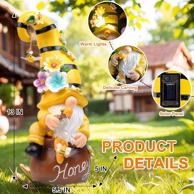 Birthday Gifts from Daughter Son - 13" Garden Solar Spring Gnomes Statues Outdoor Spring Decor with LED Lighted Bee and Flowers Funny Garden Sculpture for Patio Yard Lawn Decorations Gifts