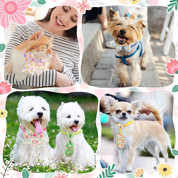 Reginary 100 Pieces Dog Bow Tie Collar Set Include 40 Dog Neckties, and 30 Puppy Bowties, 30 Collar Flowers, Adjustable Pet Ties Grooming for Small Medium Cats Pets Supply(Floral)