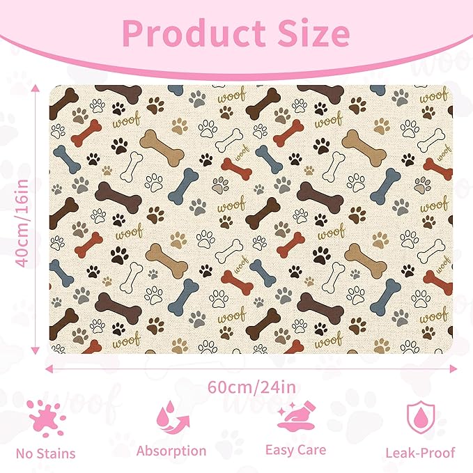 Dog Feeding Mat 24 x 16 Inch, Neutral Paw Bone Woof Dog Placemat Absorbent Quick-Dry for Food and Water, Waterproof Non Slip Rubber Pet Bowl Pad Mat for Floors