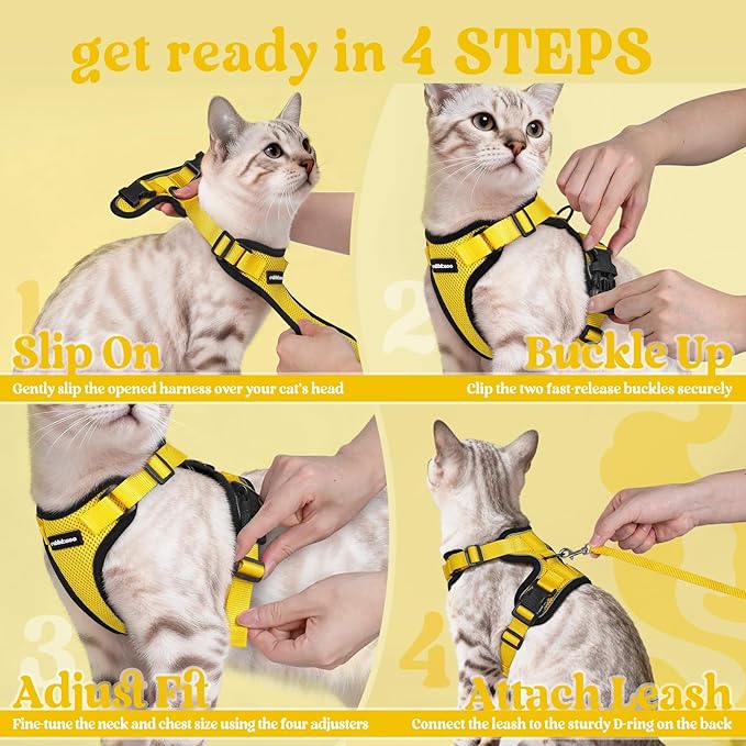 rabbitgoo Cat Harness and Leash for Walking, Escape Proof Soft Adjustable Vest Harnesses for Cats, Easy Control Breathable Reflective Strips Jacket, Yellow, S