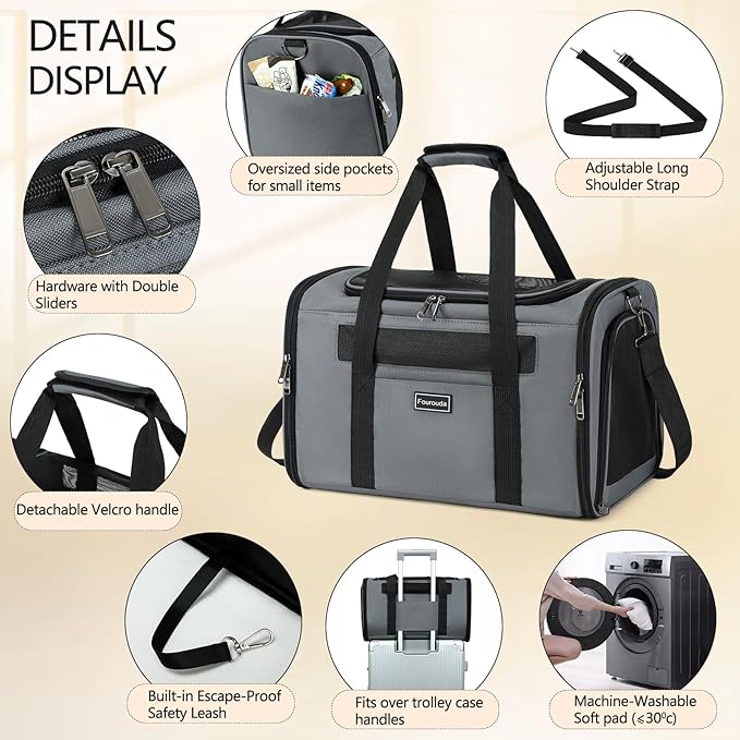 Cat Travel Carrier .Foldable Dog Carrier Bag, Soft Sided cat Carrier up to 20 Lbs,Pet Carrier Soft-Sided Escape Proof with 4 Ventilated Windows, Airline Approved Cat Carrier (Grey)