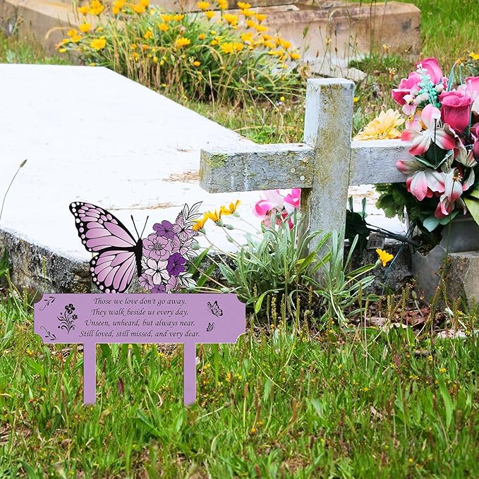 Grave Decorations for Cemetery Memorial, Metal Memorial Garden Stakes for Loss of Mother Father Loved Ones, Purple Plaques Markers for Cemetery Humans Outdoor Yard