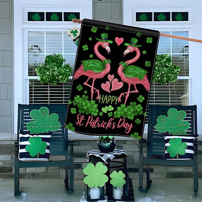 Dyrenson Happy St Patricks Day Flamingo 28 x 40 House Flag Double Sided, Lucky Shamrock Clover Black Garden Yard Decoration, Spring Irish Love Hearts Burlap Outdoor Decor Decorative Large Flag