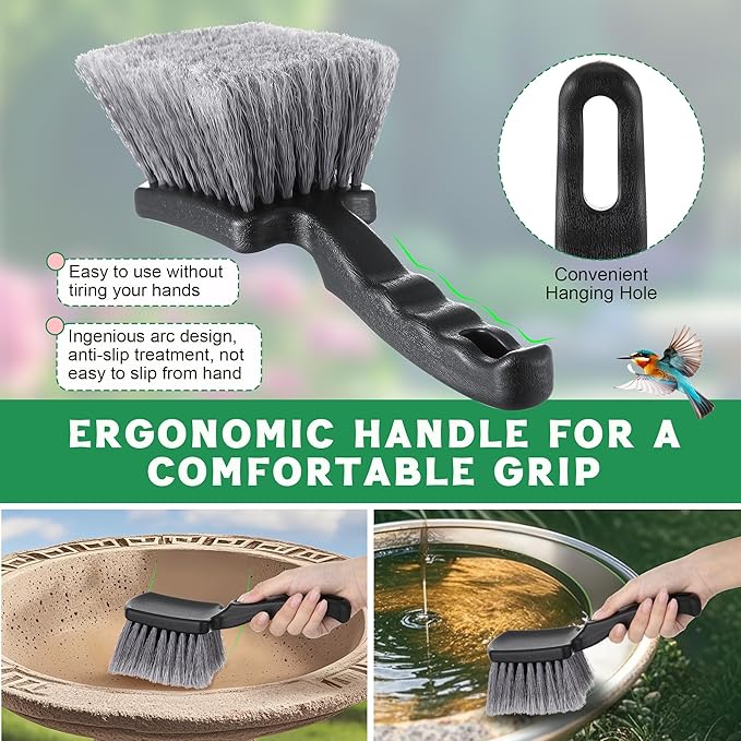 2 Pack Brush for Bird Baths, Bird Bath Cleaner with Ergonomic Handle and PVC Bristles, Gentle Yet Effective Cleaning for Wigglers, Feeders, Hook Design