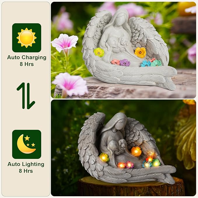 Solar Garden Decor - Memorial for Loss of Dog with Angel Statue, Solar Powered Outdoor Pet Memorial Stone & Dog Remembrance Gift for Backyard, Cemetery Handmade Eco-Resin, 7 LED Lights