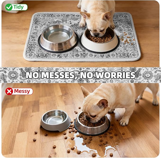PUPTECK Dog Food Mat, Absorbent Pet Feeding Bowl Mat, Non-Slip Dog Mat for Food and Water, Quick Dry No Stains Cat Placemats Pet Supplies for Messy Drinkers, Grey 12"x20"