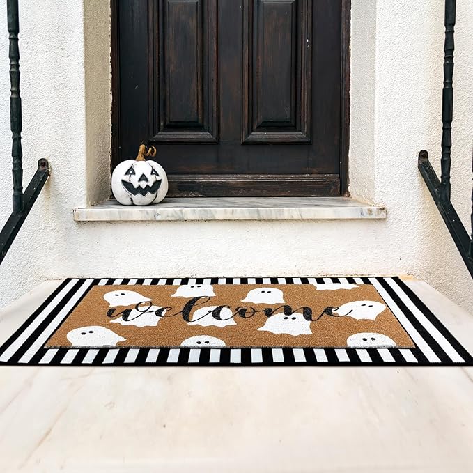 Tinideya 2 Pcs Door Mat Welcome Non Slip Coir Mats Floor Layering Doormats Seasonal for Front Porch Entryway Decor(Spooky)