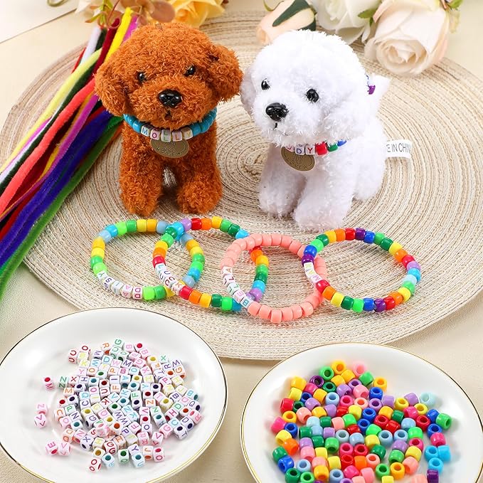1040 Pcs Adopt a Puppy Pet Party Favors Puppy Adoption Party Supplies Make Your Own Dog Collar Necklace Kit with Beads for Pet Birthday DIY Craft(Without Dog) (Candy Color)