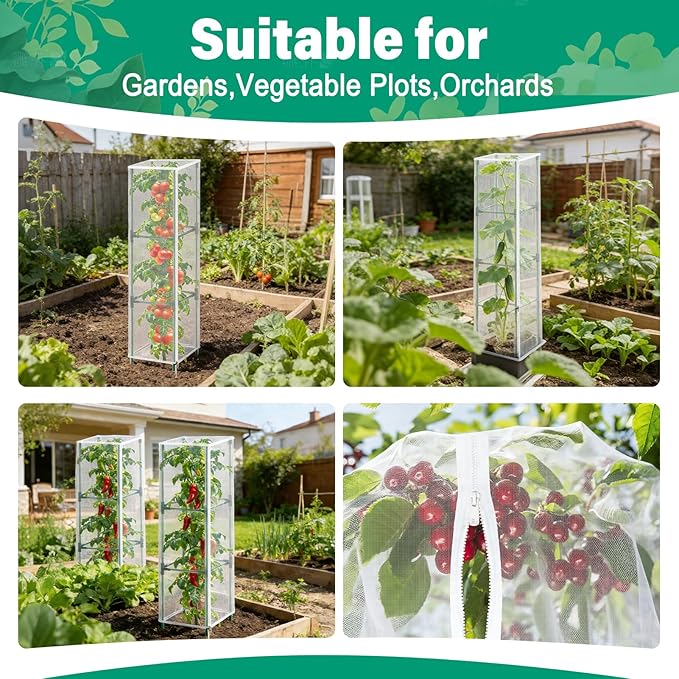 3 Pack Garden Bird Netting Plant Cover for Square Tomato Cage,14.6"x14.6"x51.2" Insect Bird Barrier Tomato Cage Net with Zipper Drawstring,Tomato Trellis Netting Protection Cover for Protecting Plants