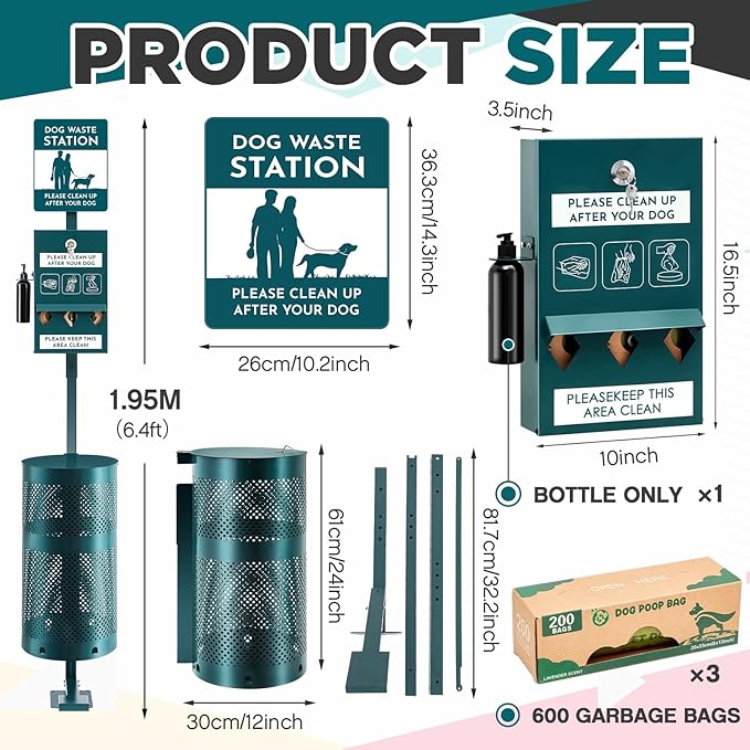 Qinyoung Pet Waste Station, Includes 600 Roll Bags, Dog Waste Station with Foot Pedal, Dog Poop Sign, Bag Dispenser, Hand Sanitizer Bottle and Covered Outdoor Trash Can for Parks, Trails Outdoor