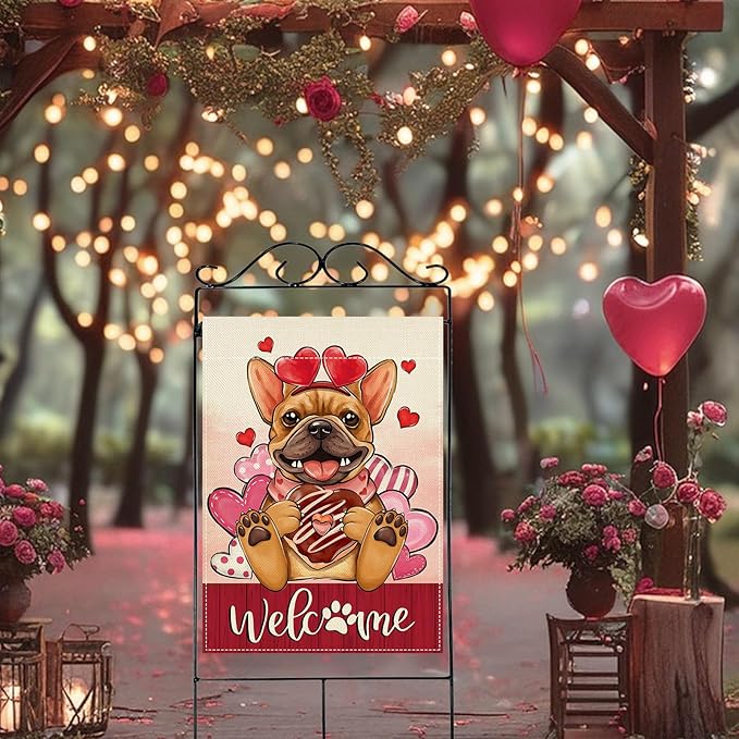 Artofy Welcome Valentines Day French Bulldog Dog Large Decorative House Flag, Red Pink Heart Yard Garden Outside Decor Pet Lover Gift, Anniversary Wedding Outdoor Home Decoration Double Sided 28 x 40