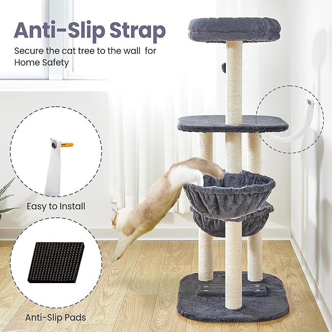 Small Cat Tree Tower with Lots of Scratching Posts - 42 Inch Medium Compact Cats Scratch House with Hammock Perch for Multi Level 2 Kitty - Indoor Corner Cat Bed Condo Climbing Gym Towers Furniture